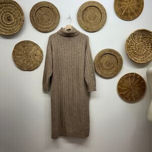 MNG MANGO Brown Wool Blend Ribbed Knit Turtleneck Midi Sweater Dress 2 Neutral